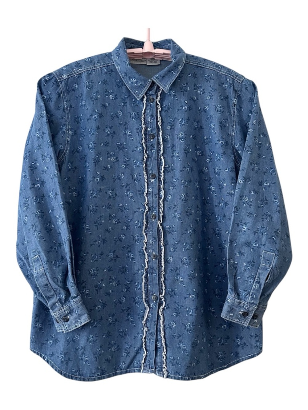 Cabin Creek Denim Shirt Floral Print Ruffle Trim Button Up Size L, Cottage Core